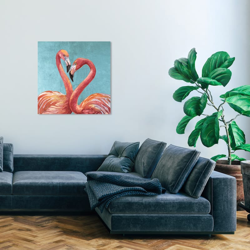 Wynwood Studio Canvas Animals Flamingo Love Blue and Teal Tropical Wall Art Canvas Print - Blue, Orange - 30 x 30