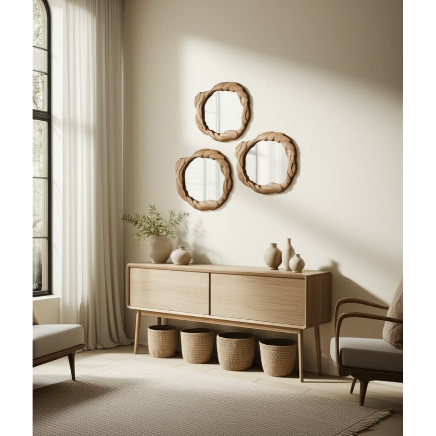 Wood Mirrors Hand-Carved Organic Frames (Set of 3) - 24/22/16" Brown - 28" x 2" x 24"