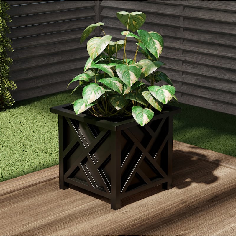 Lattice Design Planter Box - 14.75-Inch-Square Decorative Outdoor Flower or Plant Pot by Pure Garden - 14.75 x 14.75 x 13