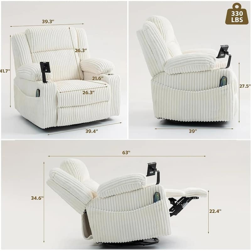 270° Swivel Velvet Recliner, Extra Wide Power Recliner Chair w/Heat Massage - USB & Type C Charging Port