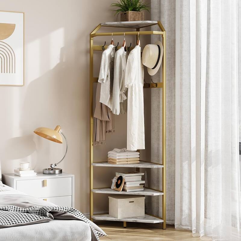 Corner Coat Rack With Shoe Bench Entryway, Corner Hall Tree With 6 Double Hooks