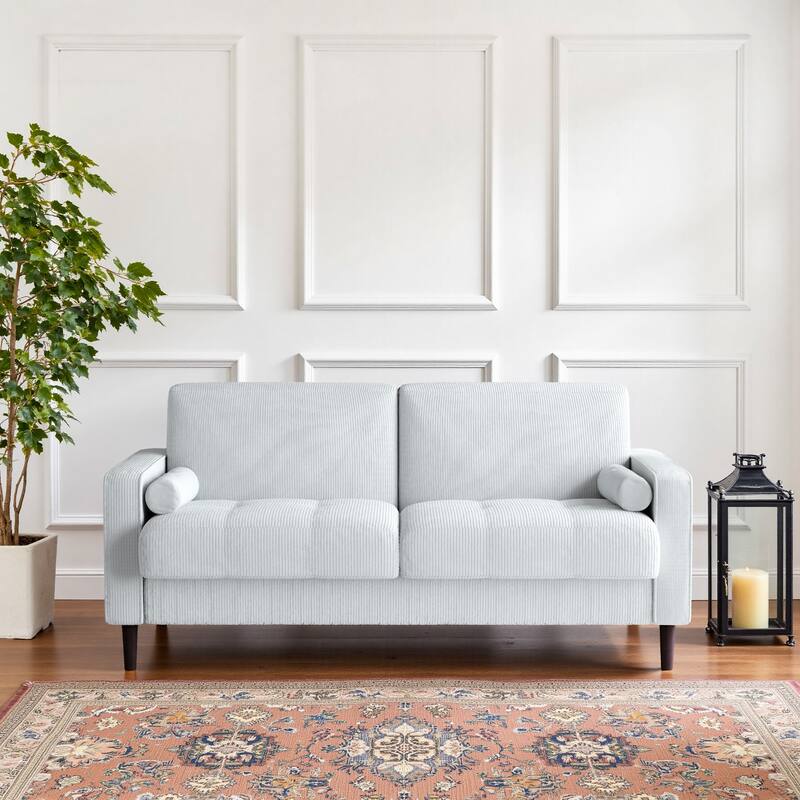 Modern Corduroy Upholstered Loveseat with Bolster Pillows and Wood Legs