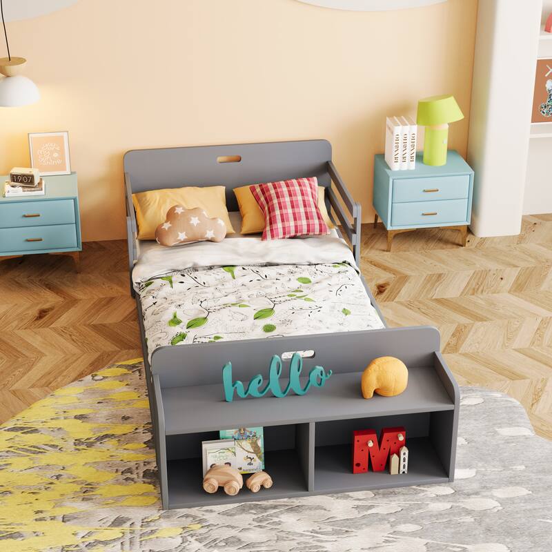 Twin Size Floor Bed with Storage Footboard and Guardrail