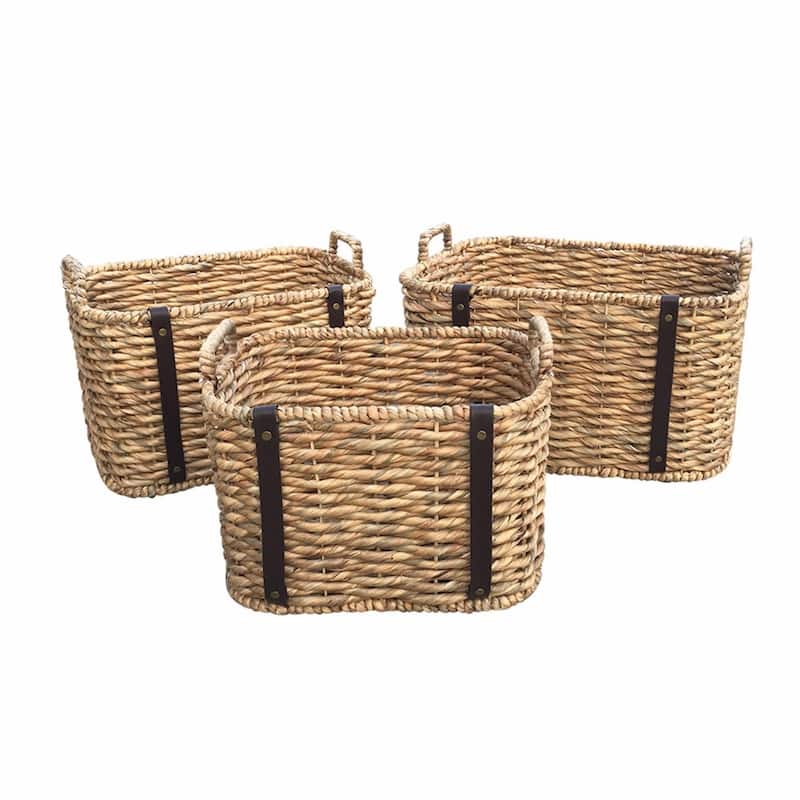 DreamPatio Rosa Water Hyacinth Basket Set with PU Leather (3 pieces) - High Handle - Dark Brown Leather