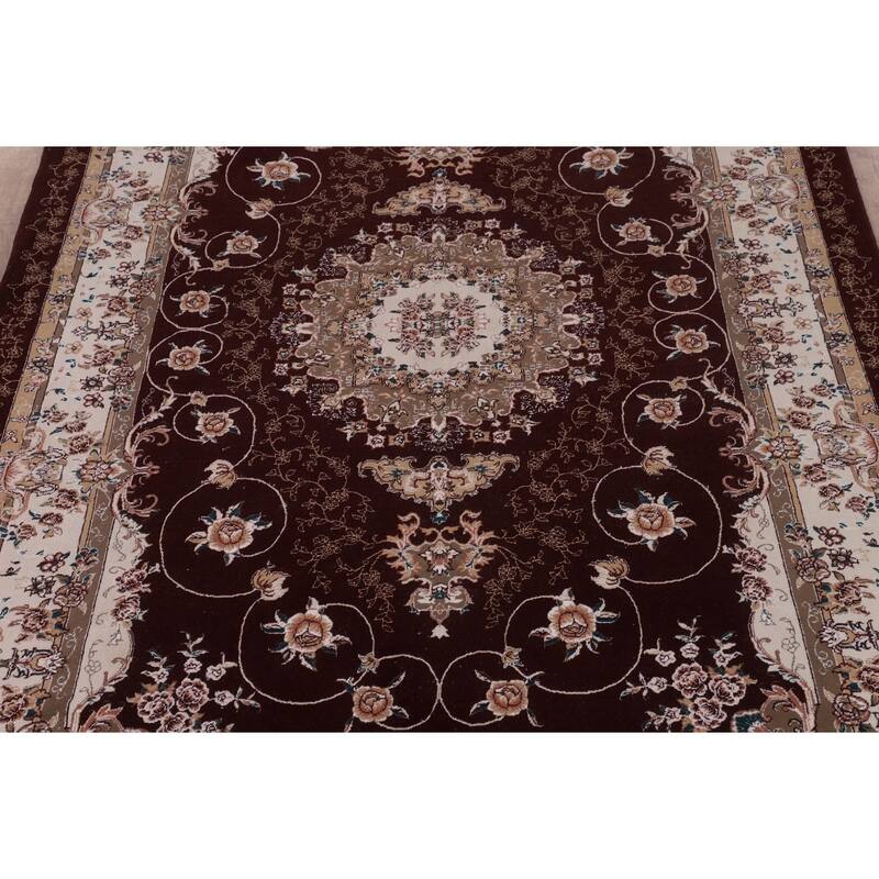 Burgundy Red Floral Kashan Turkish Rug Machine-Made Carpet - 6'7" x 9'10"