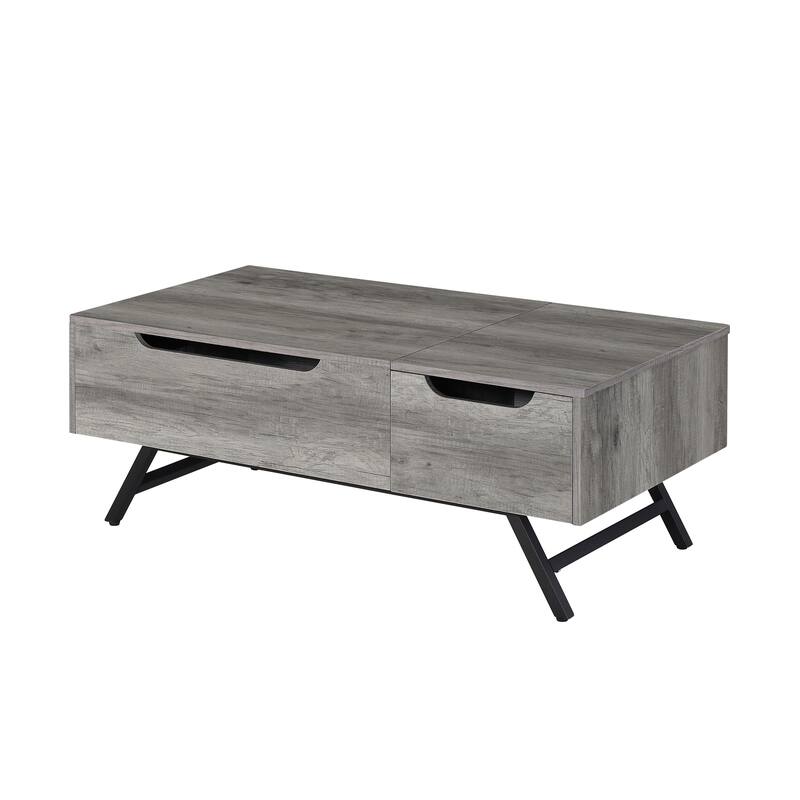 HomeRoots 48" Gray Oak and Black Wood and Steel Lift Top Coffee Table With Drawer - 48.00 in. x 24.00 in. x 23.00 in.