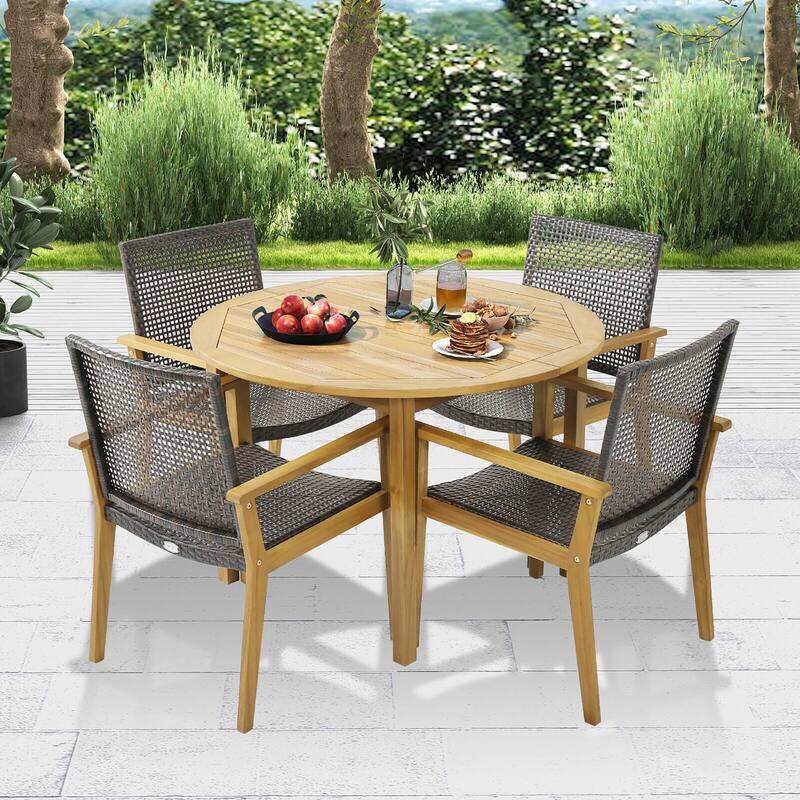 Gymax 5 PCS Patio Dining Set Round Acacia Wood Table 4 Wicker