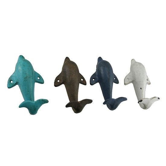 4 Piece Distressed Finish Cast Iron Dolphin Wall Hook Set - 6.25 X 3.5 X 2 inches