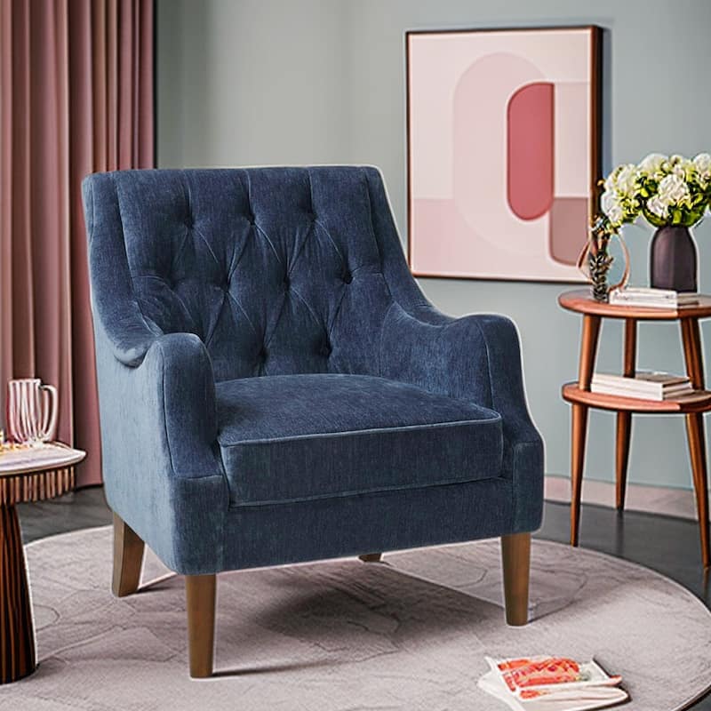 Accent Chair for Bedroom Living Room Chairs Tufted Upholstered Lounge Chair with Wood Legs Linen Fabric