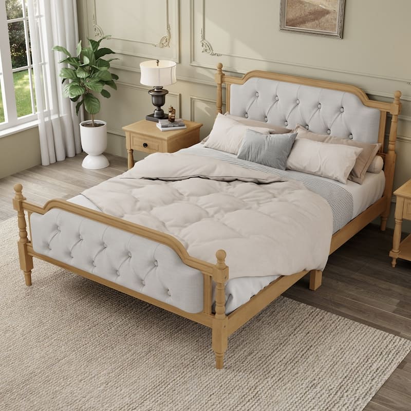 Traditional Style Upholstered Tufted Headboard Wooden Bed Frame