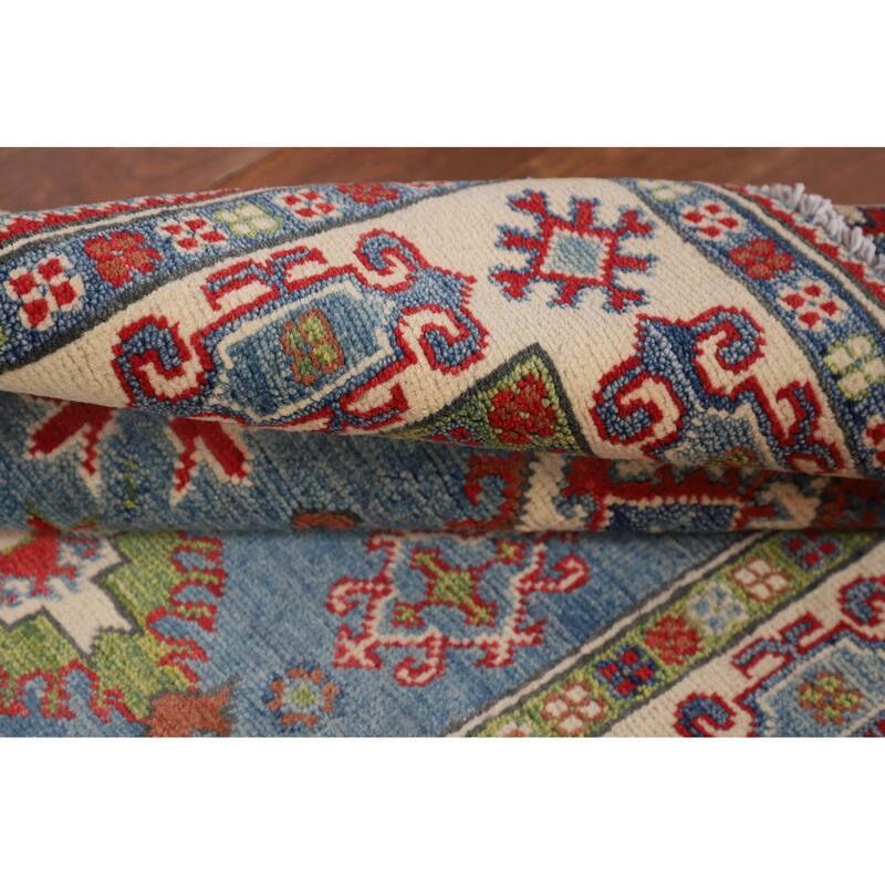 Light Blue Geometric Kazak Rug Hand-Knotted Wool Carpet - 3'3" x 4'11"