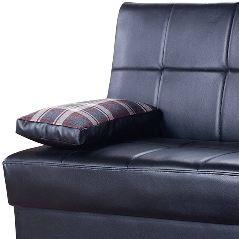 HomeRoots 75" Black Faux Leather Convertible Futon Sleeper Sofa And Toss Pillows With Storage