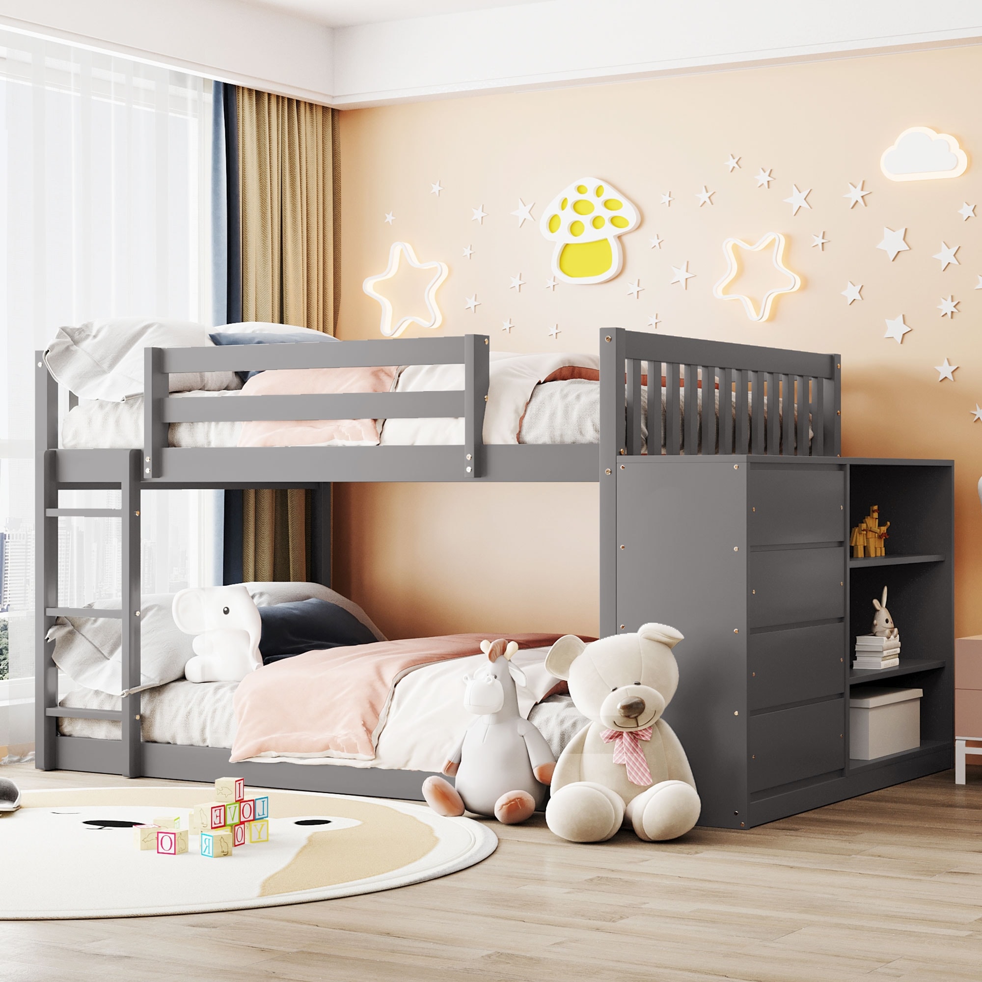 Full over Full Bunk Bed with 4 Drawers and 3 Shelves, Gray