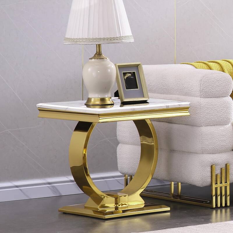 Modern metal End Table with Square Gloss Top and with metal U-shaped base - White