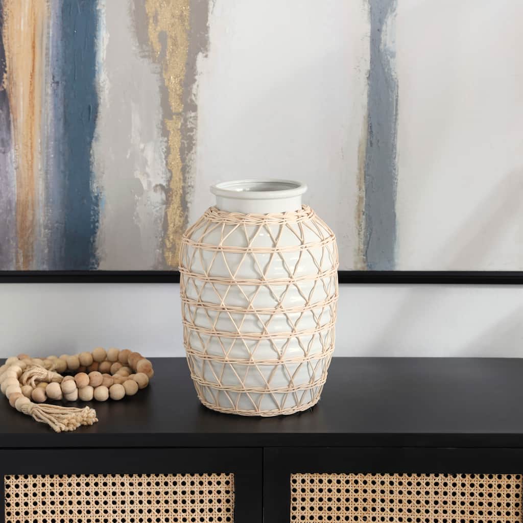 White Ceramic Handmade Vase with Woven Rattan Exterior - 11"W, 14"H