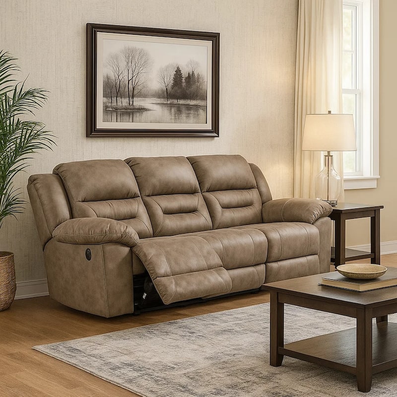 Aky 90 Inch Manual Recliner Sofa, Cushioned Seat, Soft Taupe Faux Leather