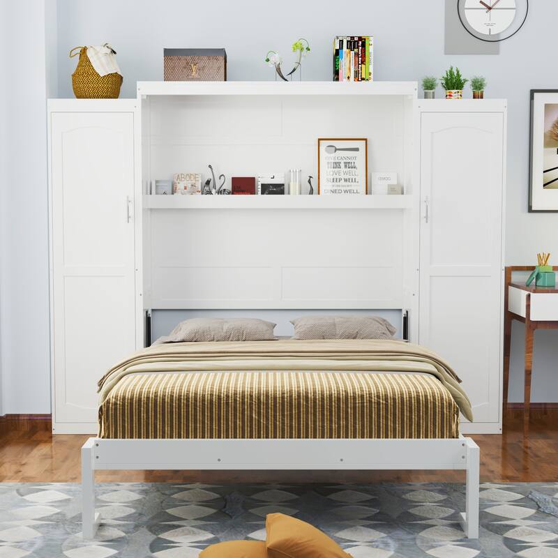 Multifunctional Full/Queen Size Murphy Bed with Storage Shelves and Wardrobe, White Platform Bed