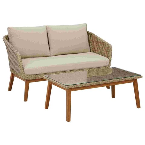 2 Piece Outdoor Loveseat and Table with Resin Wicker Wrapping, Brown