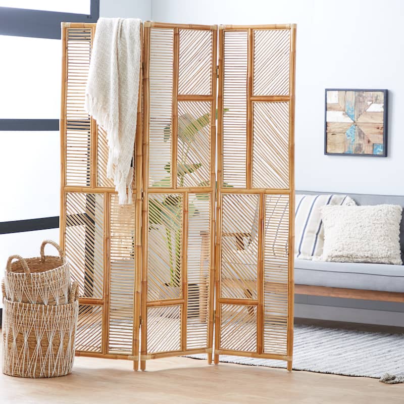Wood Geometric Hinged Foldable Partition 3 Panel Room Divider Screen - Brown - Roche River Decor - 1"W x 52"L x 71"H