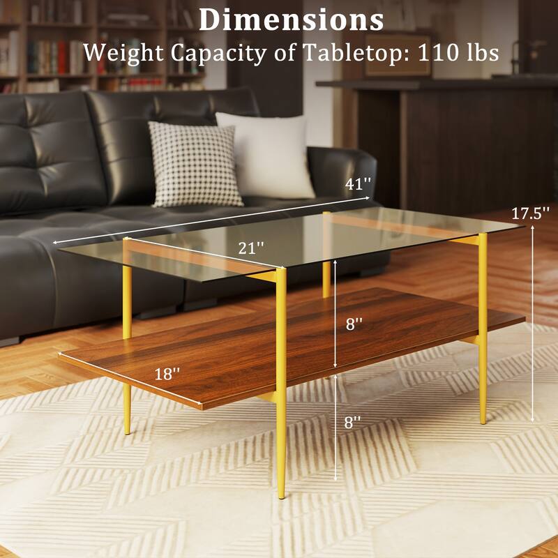 2-Tier Brown and Gold Coffee Table with Tempered Glass Top and Storage Shelf Modern Living Room Decor - 41" x 21" x 17.5"