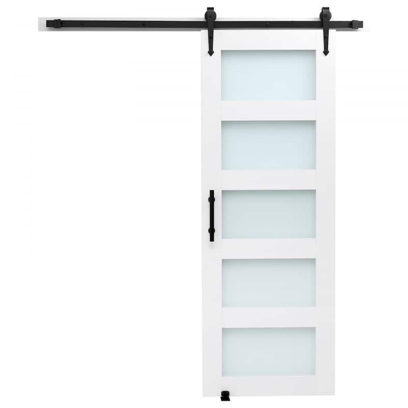 White MDF Sliding Barn Door with Frosted Glass for Bathroom and Kitchen