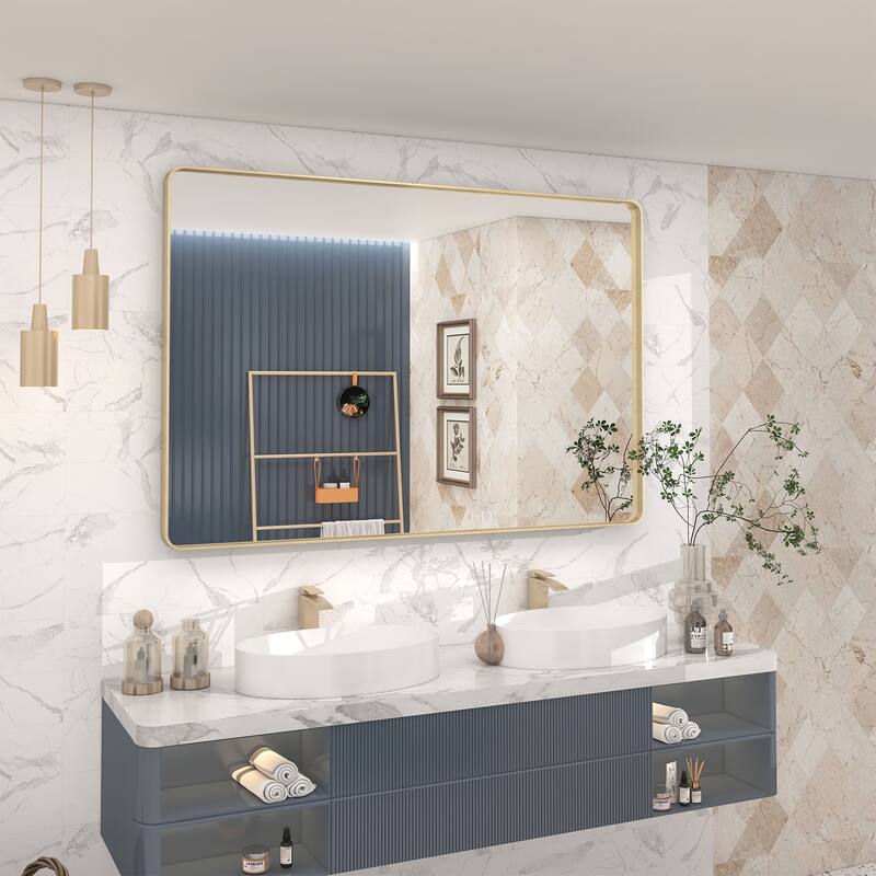 Modern Metal Frame Wall Mounted Bathroom Vanity Mirror - 48x32 - Gold