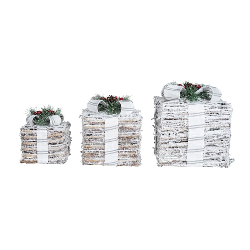 Transpac Metal 12.99 in. Silver Christmas Light Up Ticking Stripe Bow Present Decor Set of 3