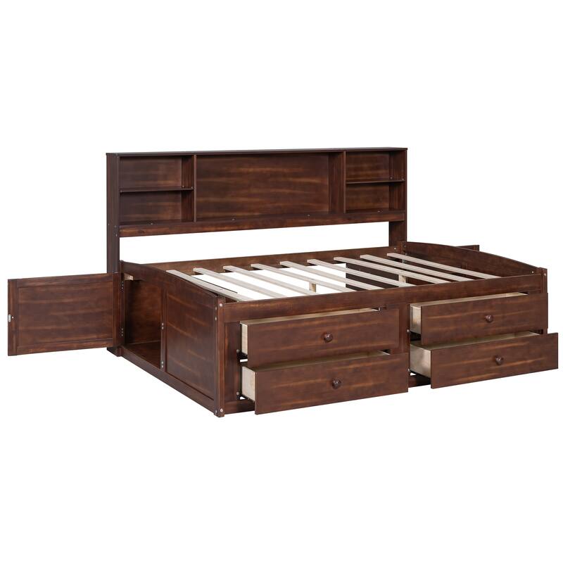 Full Size Captain Bed w/Built-in Storage Shelves, 4 Drawers and 2 Cabinets, Wooden Storage Bed and Low-Platform Bed for Bedroom