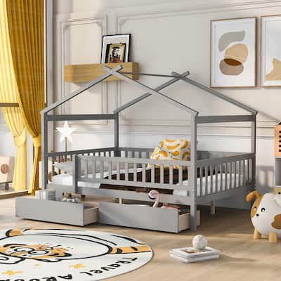Gray Full Size Wooden House Bed with Two Drawers and Roof for Kids, Boys and Girls, Bedroom