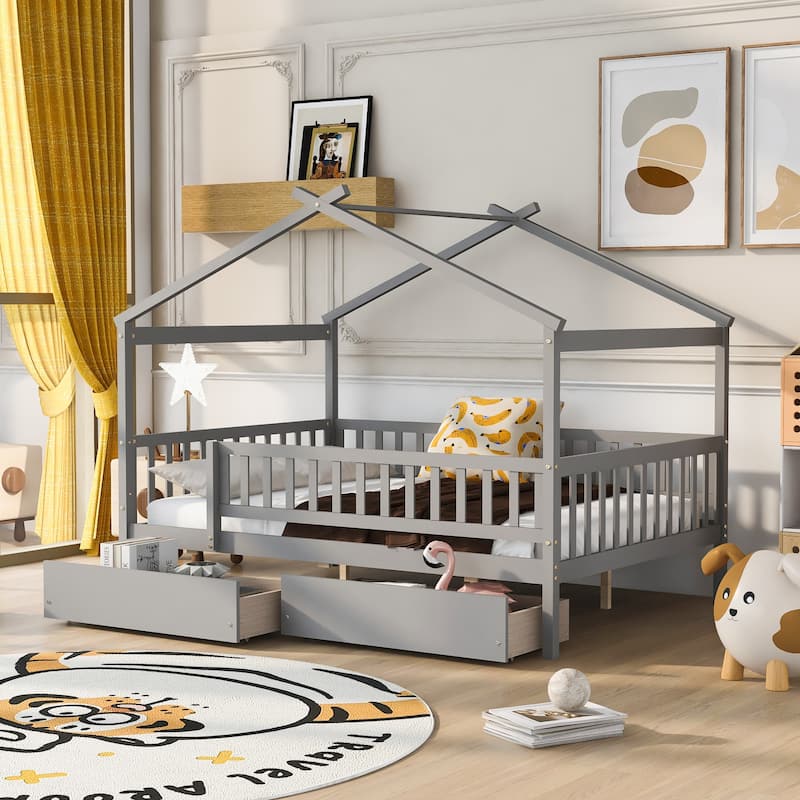 Wooden Full Size Creativity House Bed with 2 Storage Drawers, Solid Pinewood Daybed Frame with Roof Design, Wood Slats Support