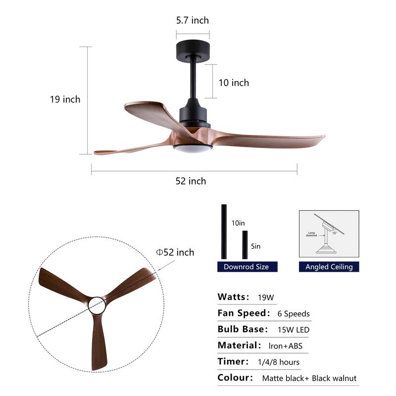 52" Ceiling Fan with 3 Color Dimmable 3 ABS Blades Remote Control Reversible DC Motor