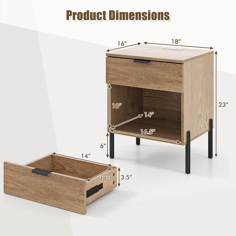 Costway Nightstand with Charging Station Drawer Compartment Modern