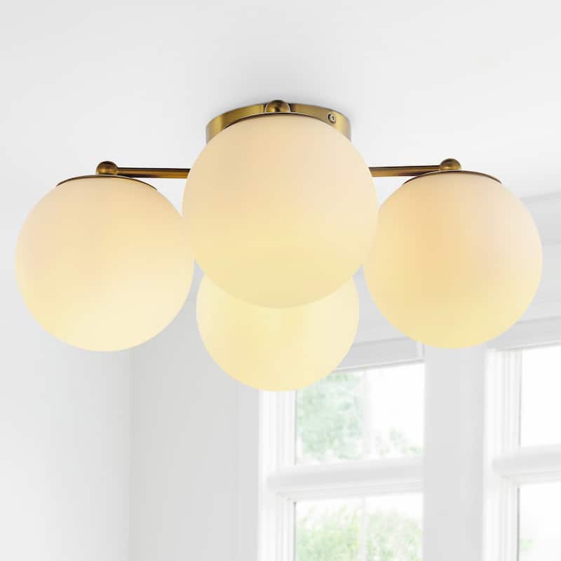 Luca 18" 4-Light Bohemian Farmhouse Iron/Frosted Glass LED Semi Flush Mount, Brass Gold/White by JONATHAN Y
