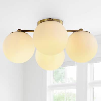 Luca 18" 4-Light Bohemian Farmhouse Iron/Frosted Glass LED Semi Flush Mount, Brass Gold/White by JONATHAN Y