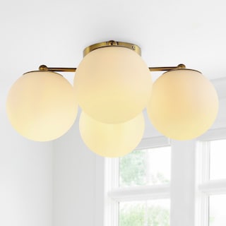 Luca 18" 4-Light Bohemian Farmhouse Iron/Frosted Glass LED Semi Flush Mount, Brass Gold/White by JONATHAN  Y