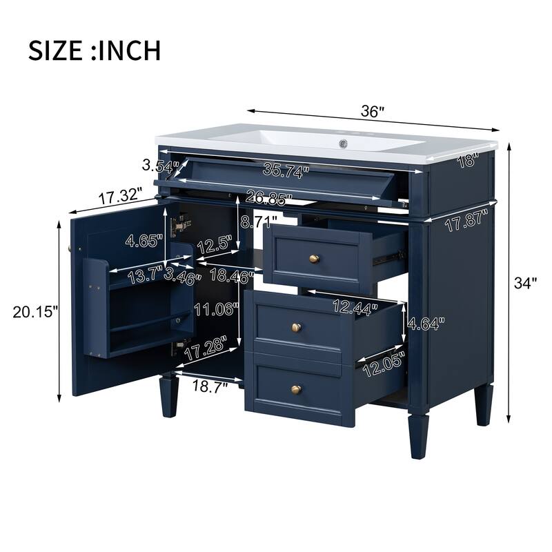 GDFStudio - Riviera Modern Bathroom Vanity with Resin Sink, Tip-Out Drawer and Adjustable Storage - 36'W