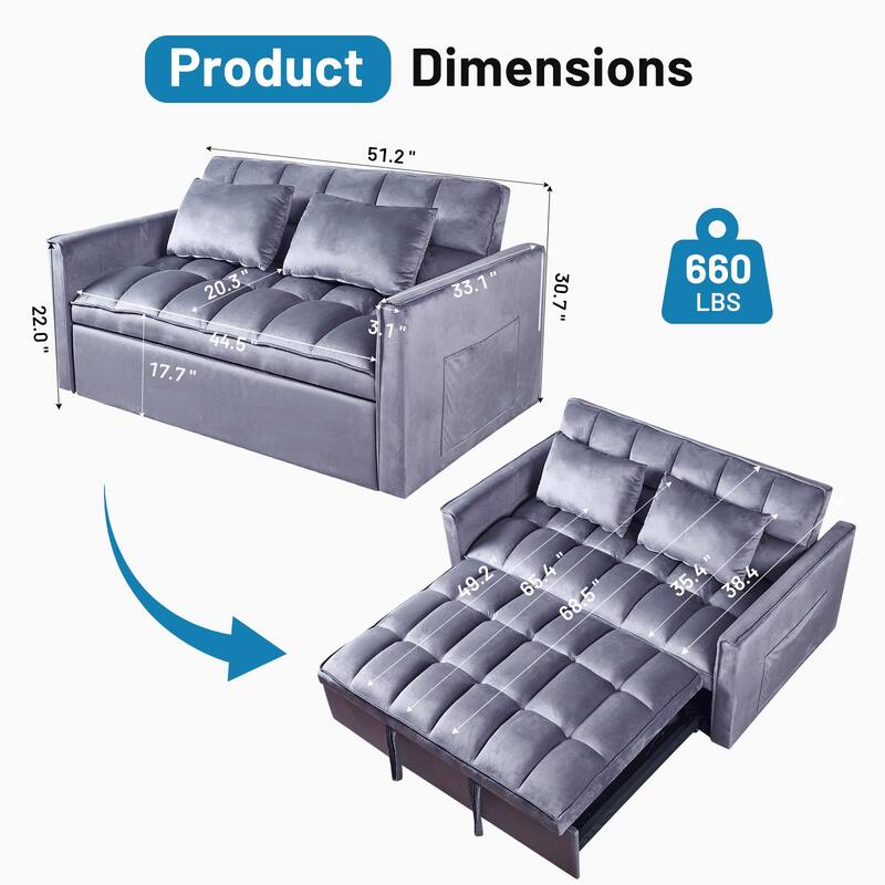 3-in-1 Convertible Sleeper Loveseat Pull Out Twin Size Suede Sofa Bed with 2 Pillows & Pocket