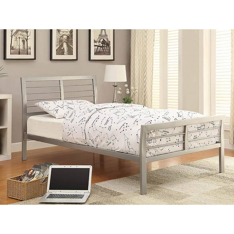 Twin Size Metal Platform Bed with High Headboard and Low Footboard - Silver