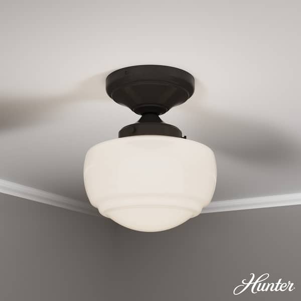 slide 2 of 5, Hunter Saddle Creek 1 Light Contemporary Schoolhouse Flush Mount Ceiling Light - Bathroom, Hallway, Bedroom, Entry - Damp Rated! Noble Bronze-White Glass