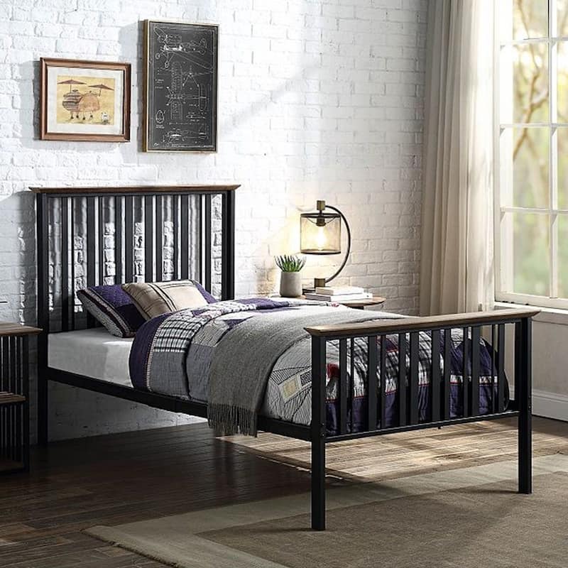 Metal Size Bed in Antique Oak and Black Finish