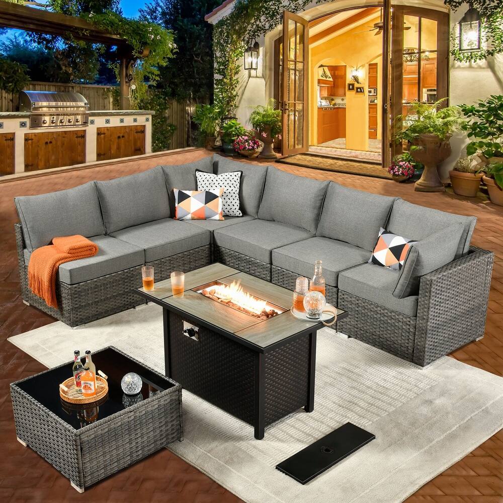 HOOOWOOO 8-piece Grey Wicker Patio Furniture Set Sectional Sofa with Fire Pit Table