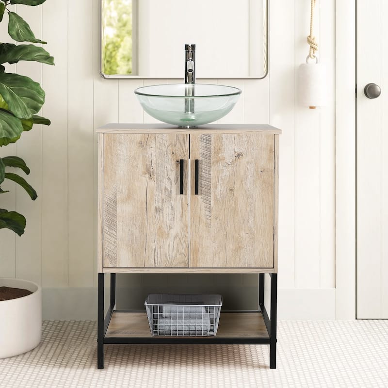 24" Bathroom Vanity Sink Combo Oak Cabinet Vanity Tempered Glass/Ceramic Sink - clear round sink