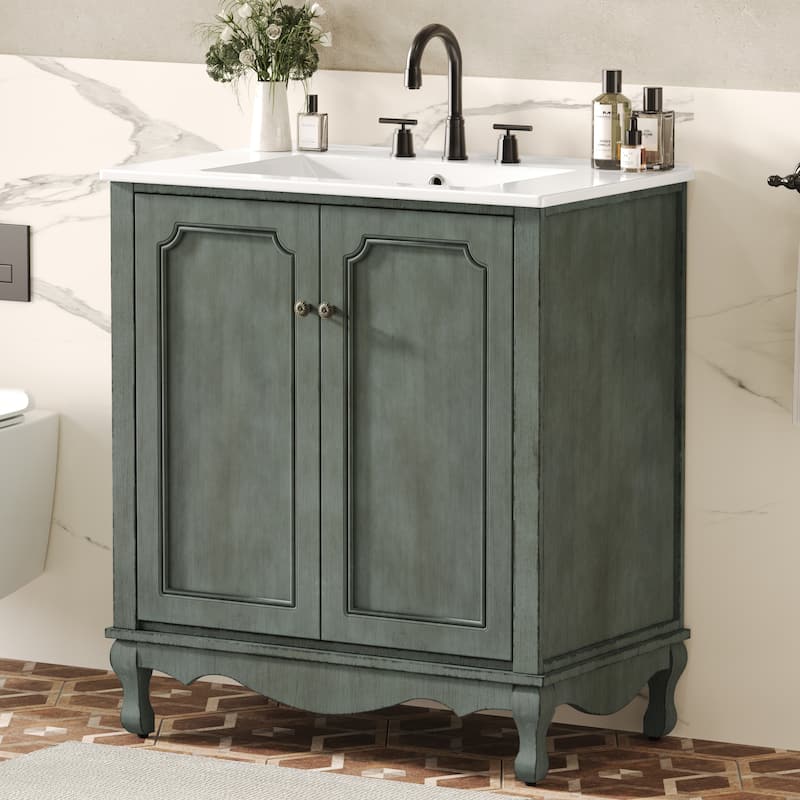 30-Inch Vintage Bathroom Vanity, Rectangle Ceramic Sink, 2 Doors, Solid Wood Legs and Adjustable Shelves