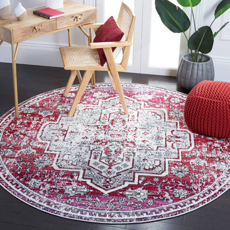 SAFAVIEH Skyler Rillie Boho Medallion Watercolor Rug - 6'7" Round - Red/Ivory