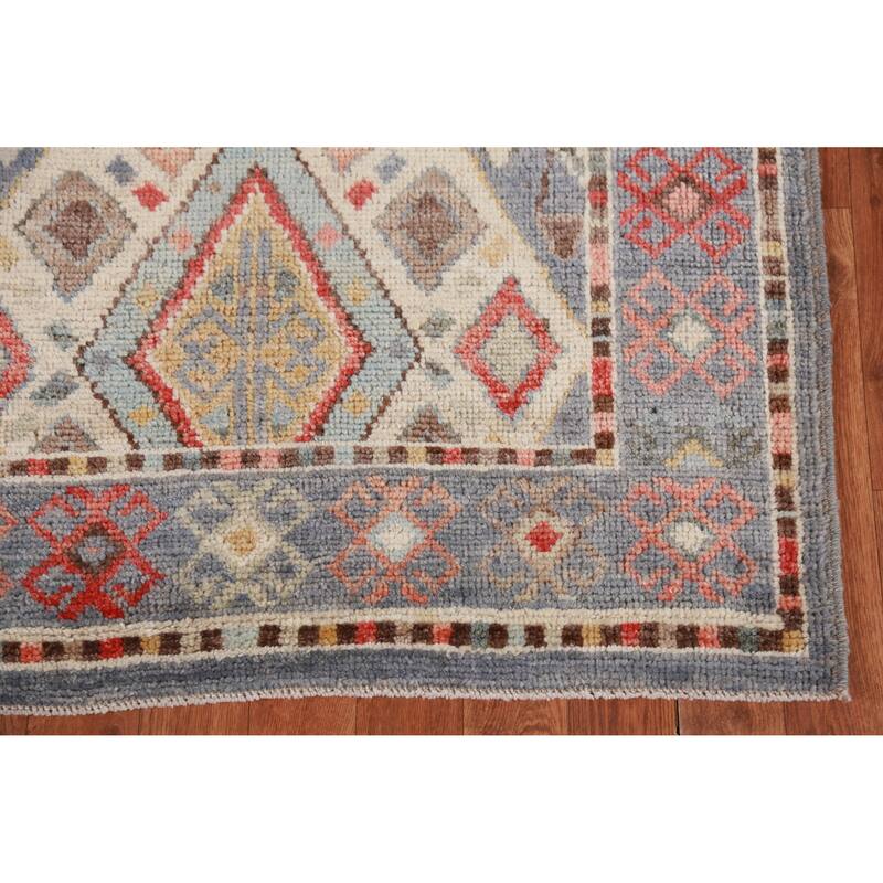 Hand Knotted Oriental 100% Wool Carpet Transitional Geometric Navy Blue & Blues Oushak Runner Rug - 12' 0'' X 3' 2''