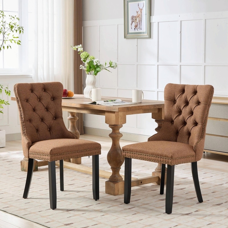 Set of 2 Nikki Collection Modern Tufted Linen Dining Chairs with Solid Wood Legs & Nailhead Trim
