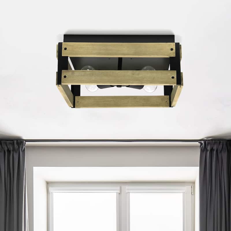 Four Light Decorative Squared Flush Mount Ceiling Light Fixture - 14" - Brown and Black