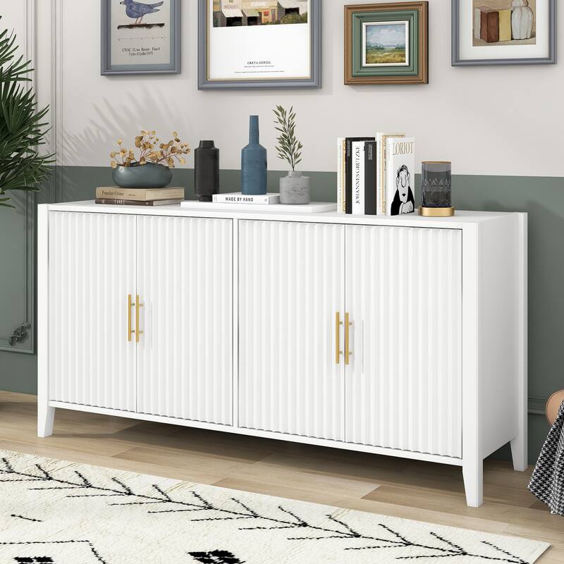 Modern 4-Door Storage Cabinet with Two Shelves and Metal Handles for Hallway, Entryway, Living Room - White