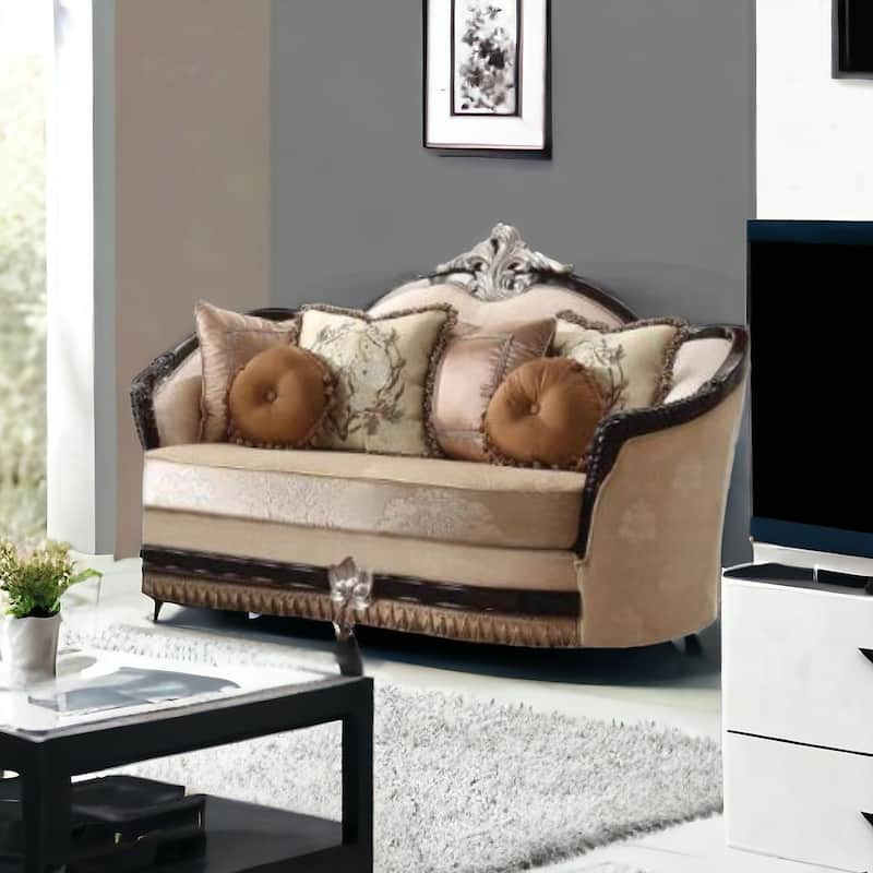 HomeRoots 75" Tan Velvet Curved Loveseat and Toss Pillows - Beige