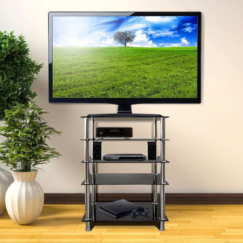 Mount-It! Tempered Glass AV Component Media Stand, Audio Tower and Media Center with 5 Shelves - Black